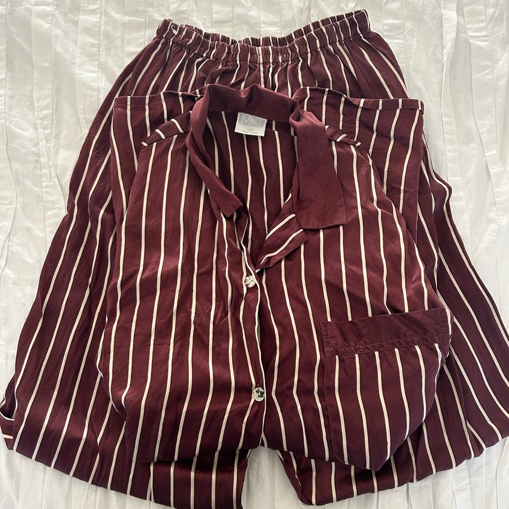 Vintage Burgundy and White Stripe Silk Pajama Set M